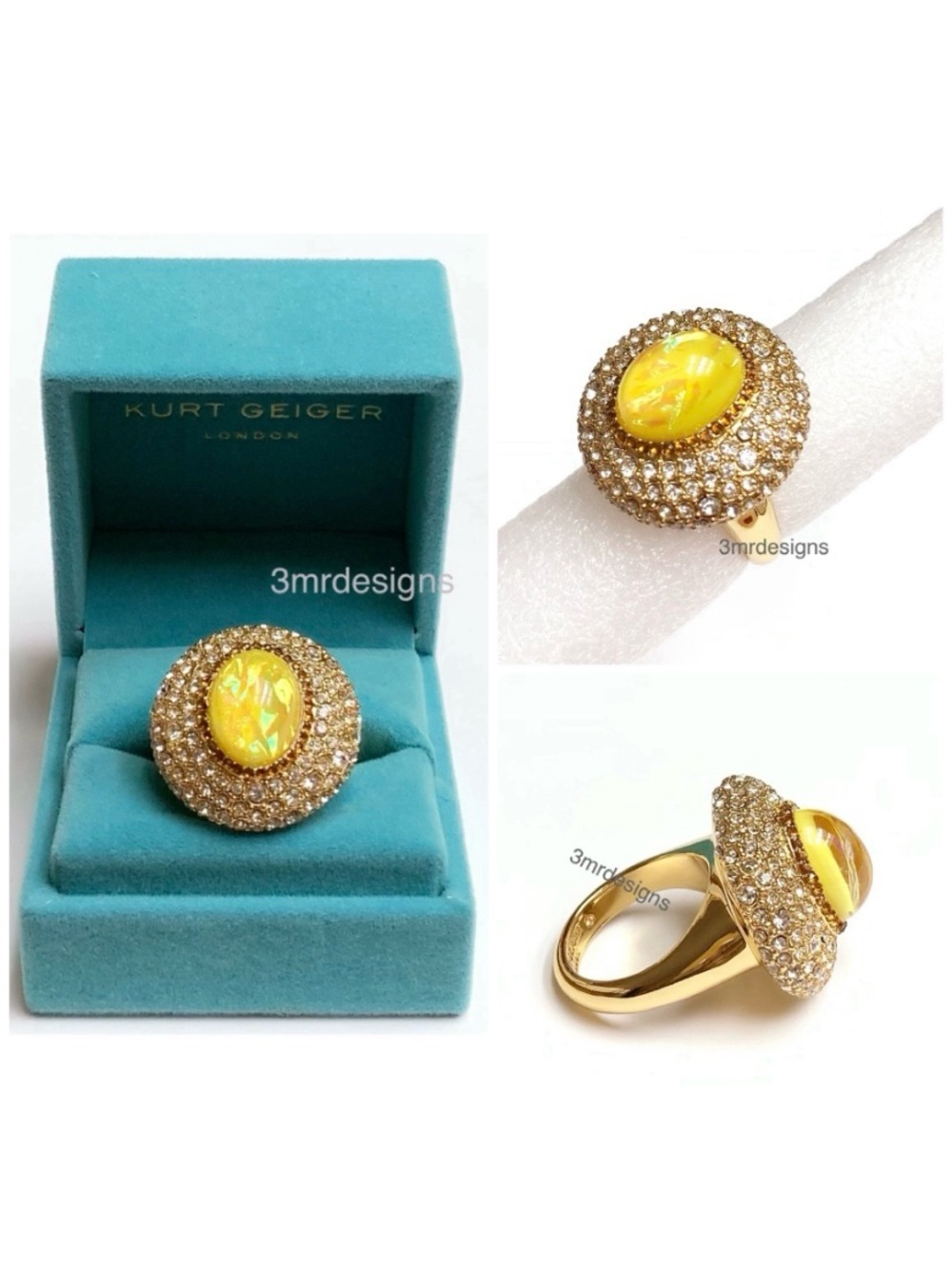NIB KURT GEIGER Yellow Opalescent Dome Gem Gold Tone Glass Crystals Ring